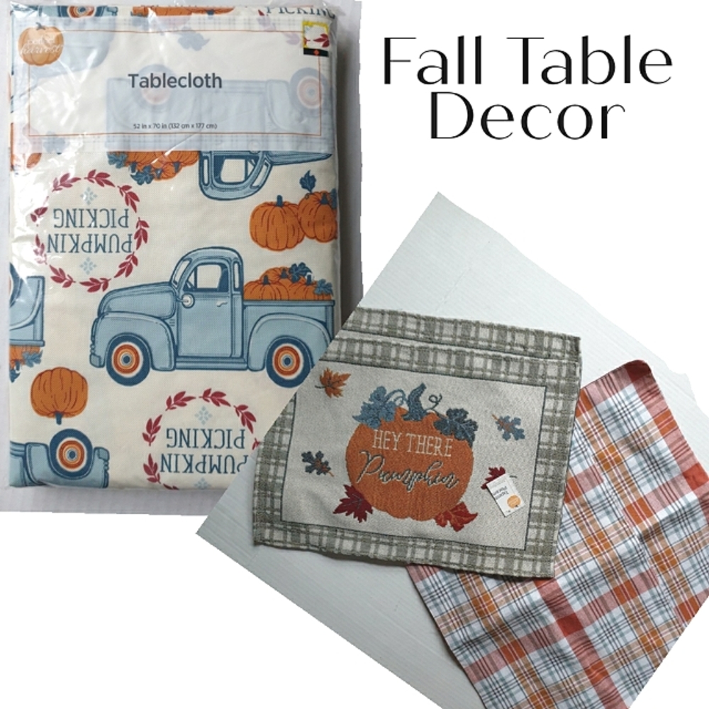 Fall Inspired Dining Tablecloth & 4 Placemats w/ Pumpkin Theme & Fall Colors